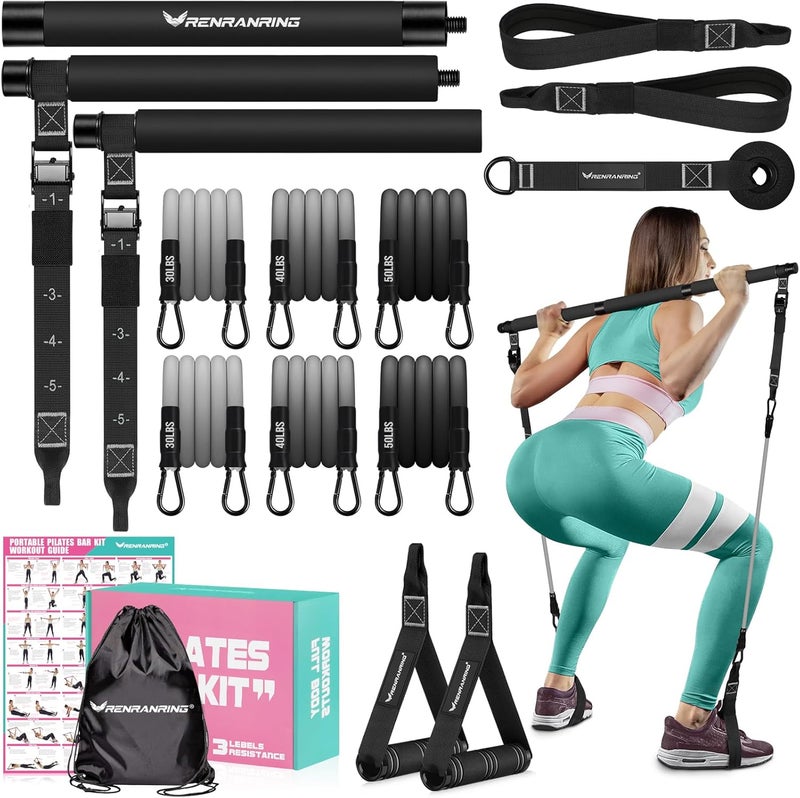 RENRANRING Pilates Bar Kit with Resistance Bands, Multifunctional Pilates Bar for Women & Men with Heavy-Duty Metal Adjustment Buckle, Pilates Home Equipment for Full BodyWorkouts - Image 1